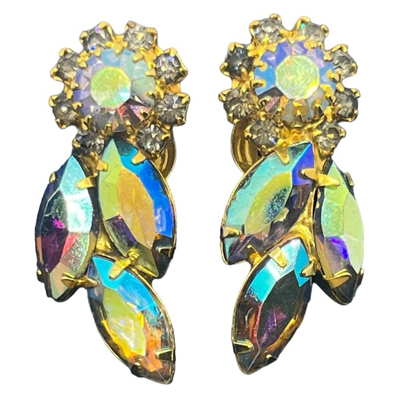 Juliana D&E aurora borealis AB rhinestone gold tone clip on